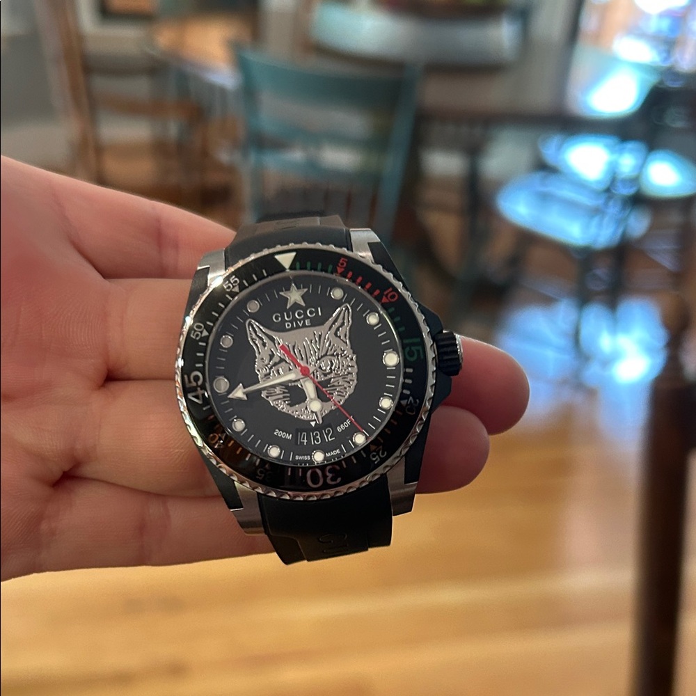 Gucci Black and Silver Watch with Tiger Motif